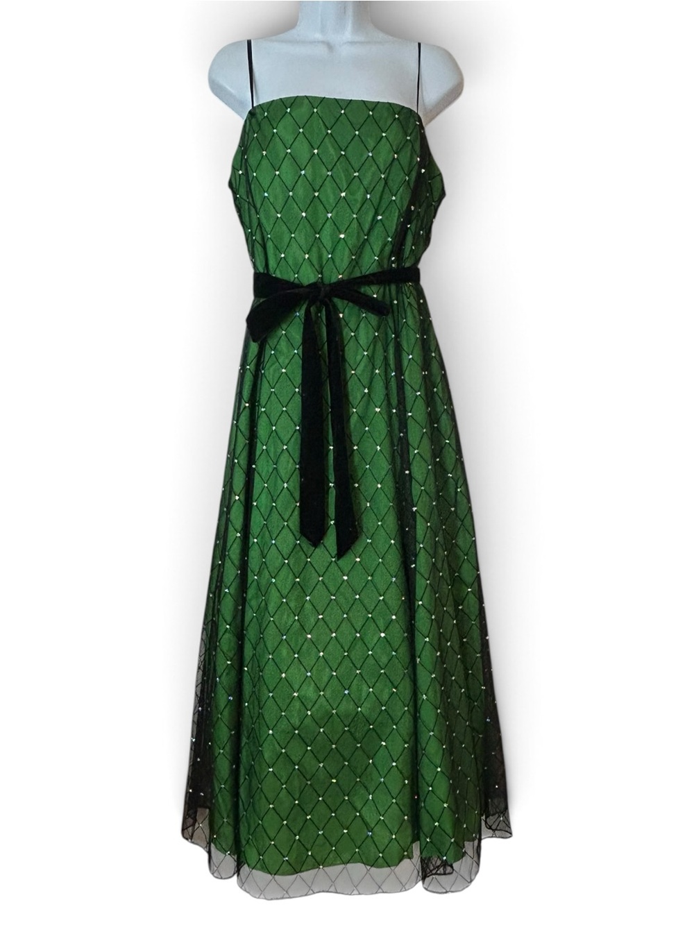 Papell Boutique Evening Green Jeweled Diamond Pattern Midi Dress L Mermaid
